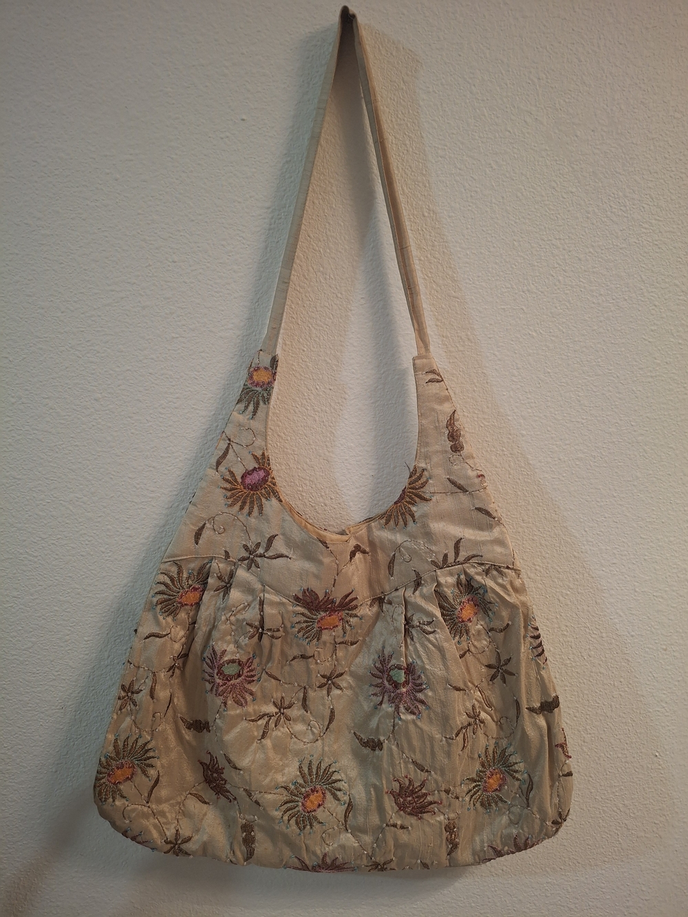 Silk Beige Embroidered Floral Hobo Shoulder Bag